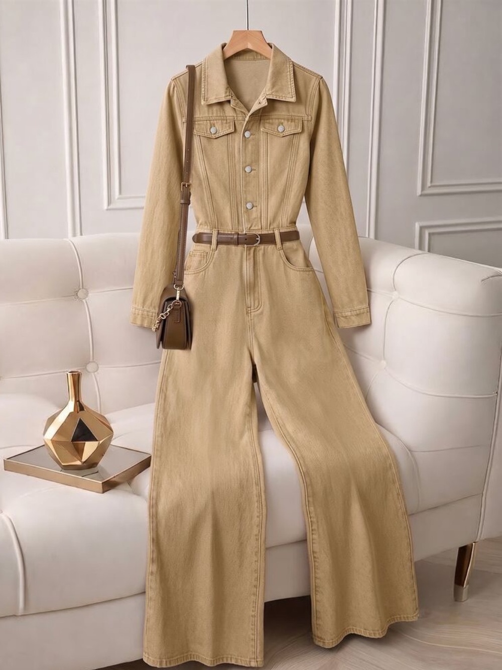 Women's Street Fashion Long Sleeve Denim Jumpsuit With Belt Decoration